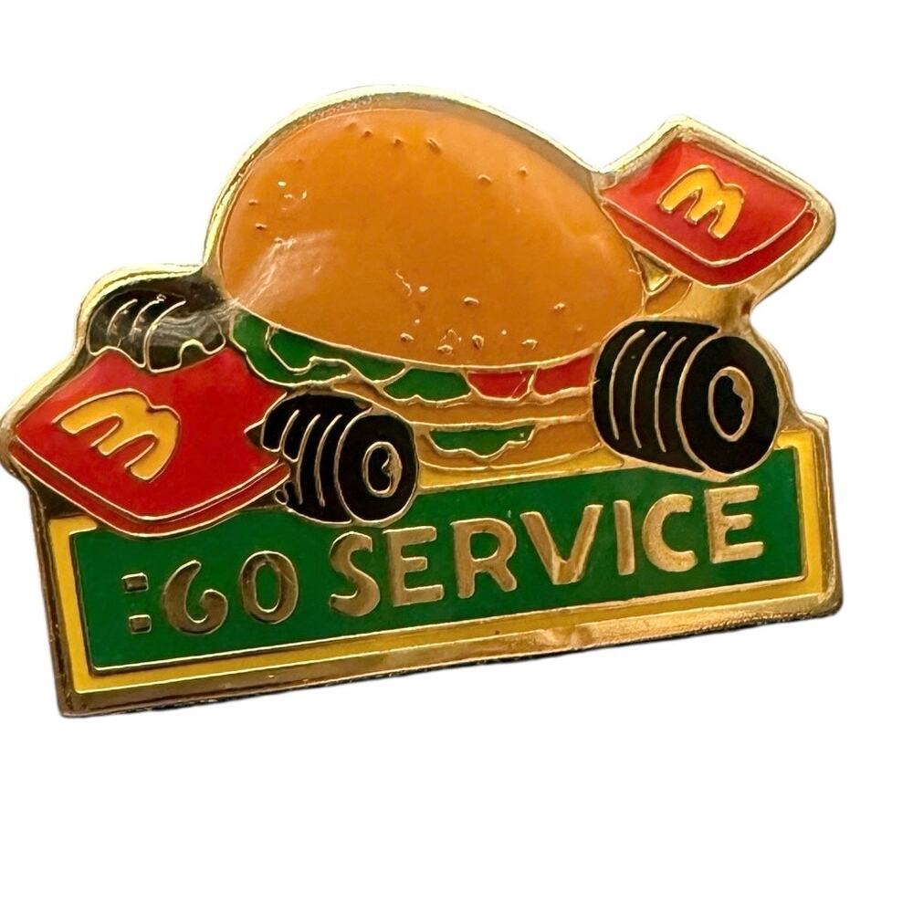 McDonald's 60 SERVICE Hamburger Race Car Employee Lapel Pin Gold Tone Big Mac